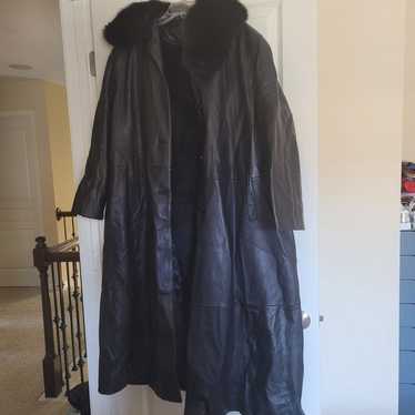 Genuine Leather Faux Fur Collar Black Trenchcoat