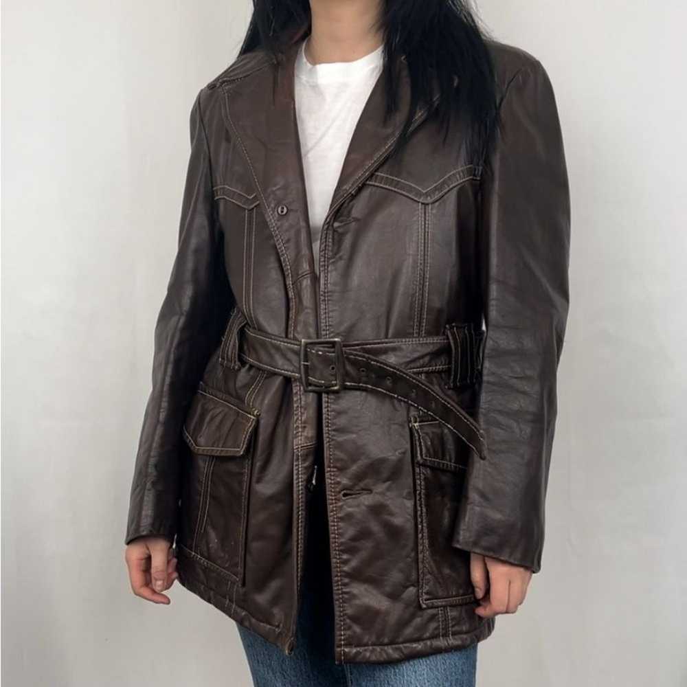Vintage Genuine Leather Brown Belted Trench Coat - image 4