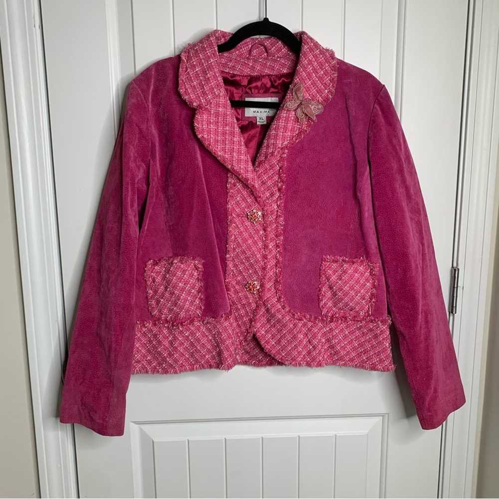 Wilsons leather pink suede leather tweed jacket s… - image 1