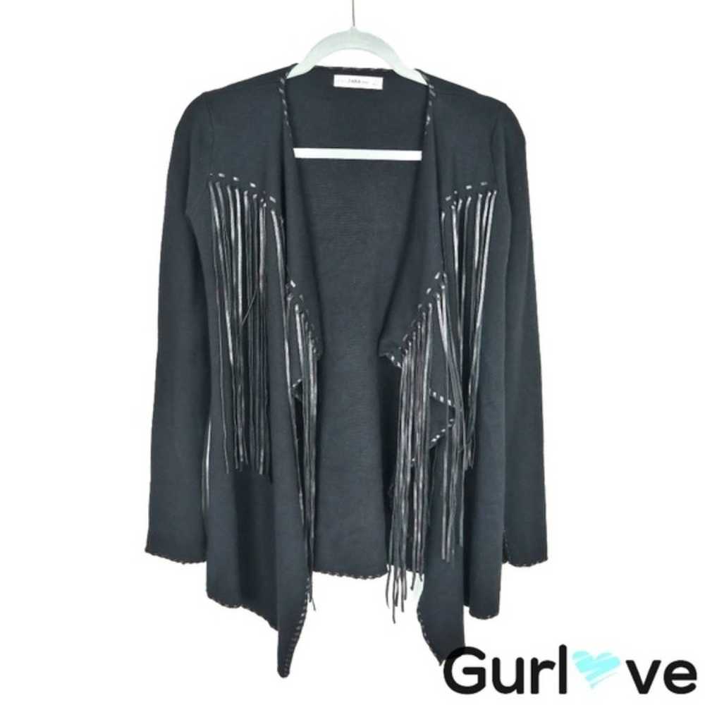 Zara Knit Black Fringes Jacket Sz S - image 1