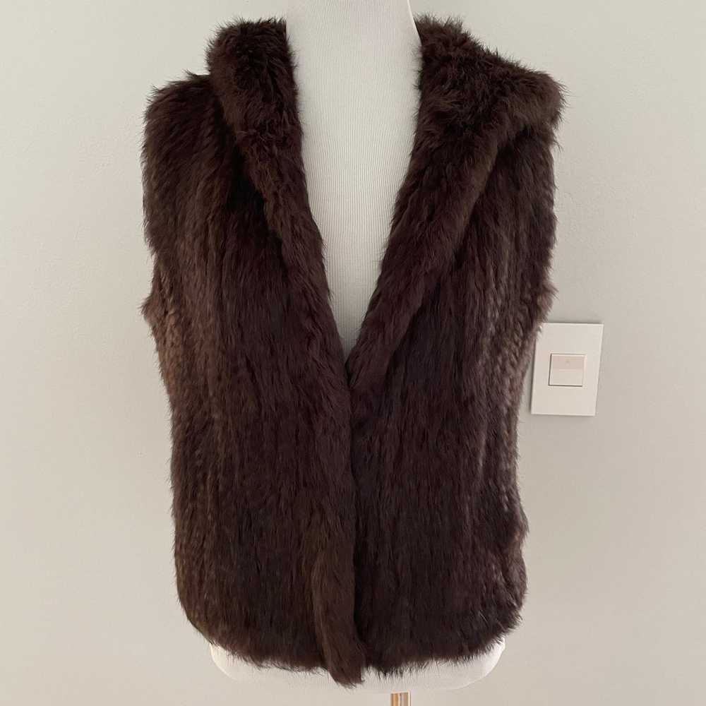 Tory Burch Rabbit knit fur vest brown hooded, Med… - image 1