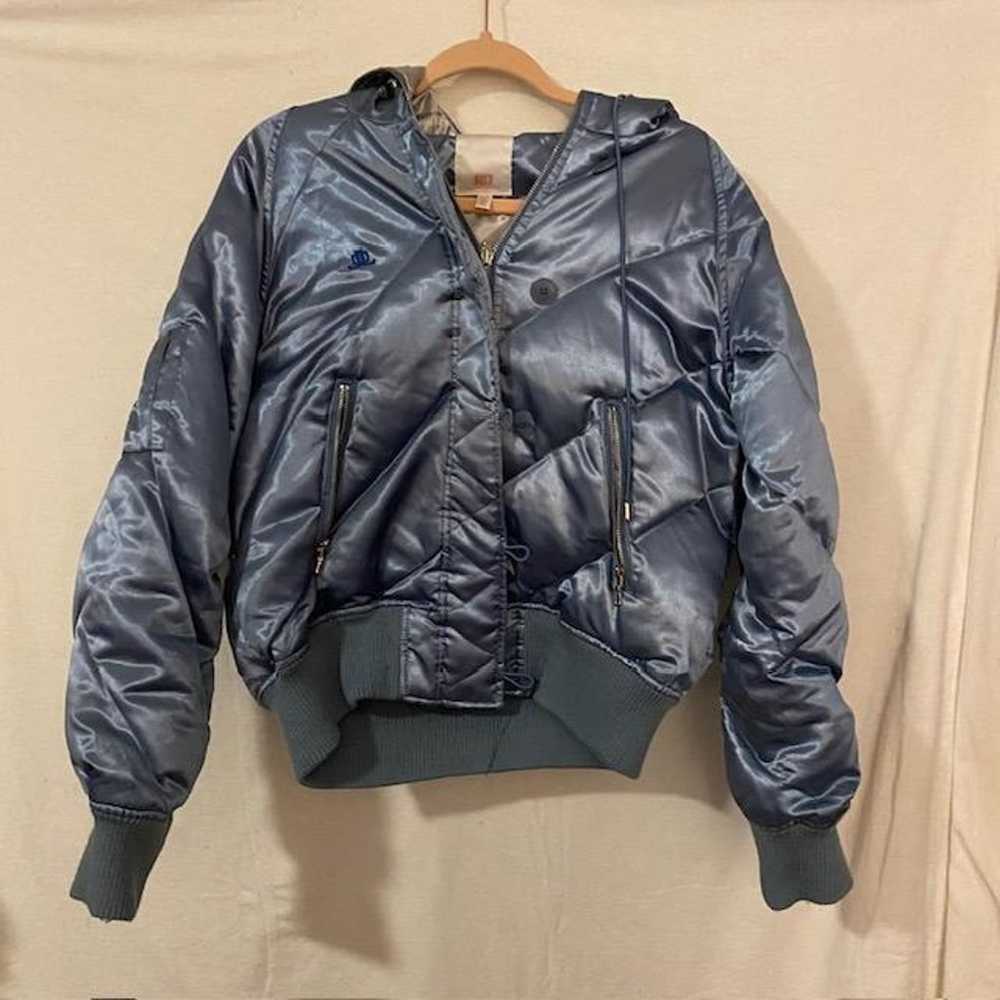 Vintage Y2K JLO Metallic Ice Blue Puffer Jacket H… - image 1