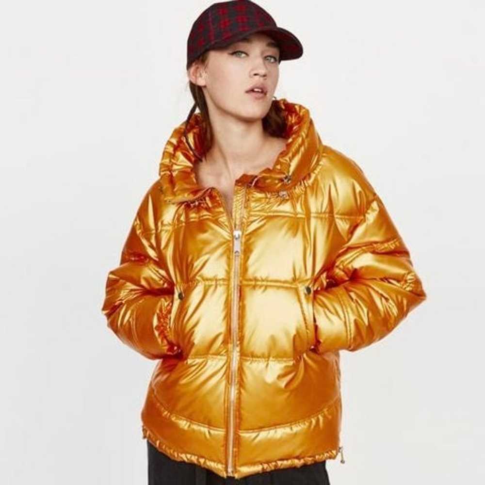 NEW Zara Gold Metallic Puffer Jacket Coat Small - image 1