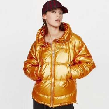 NEW Zara Gold Metallic Puffer Jacket Coat Small - image 1