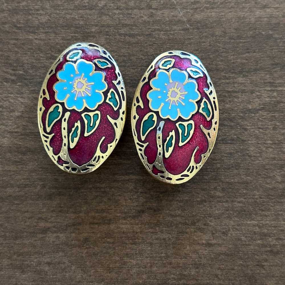 Vintage 1980s red cloisonné clip on earrings - image 1