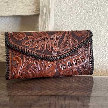 Vtg Leather Wallet Personalized Leather Carved Wa… - image 1