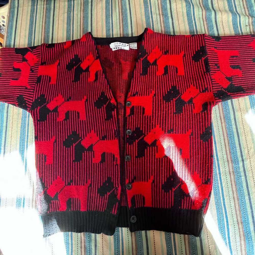 Vintage 80s red Scottie dog cardigan sweater - image 3
