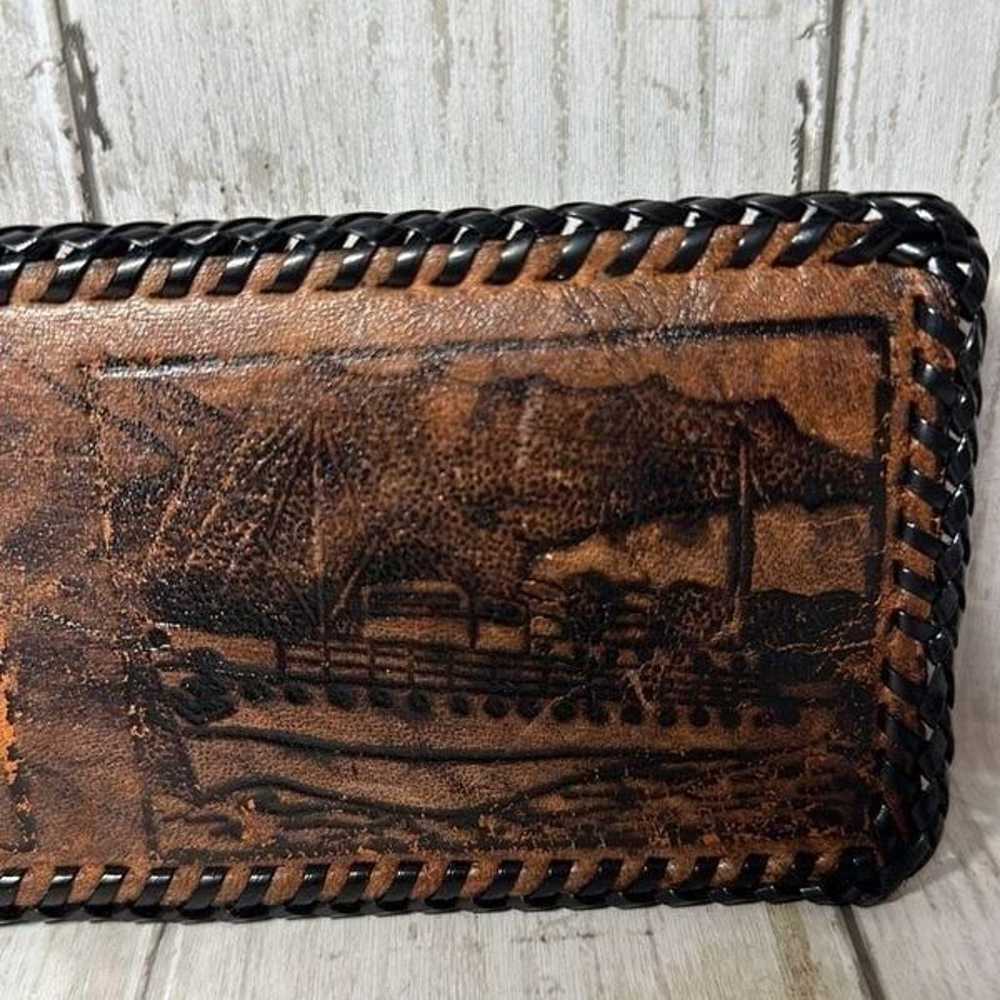 Vintage Leather Tooled Wallet / Bill Fold Boat De… - image 2