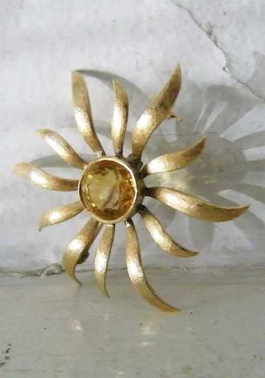 14K Gold Citrine Sunflower Sun Burst Brooch 6 cara