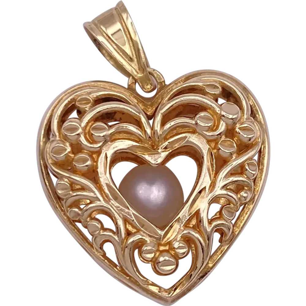 Floating Cultured Pearl HEART Caged Pendant Charm… - image 1