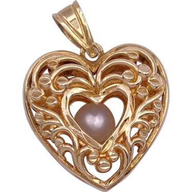 Floating Cultured Pearl HEART Caged Pendant Charm… - image 1