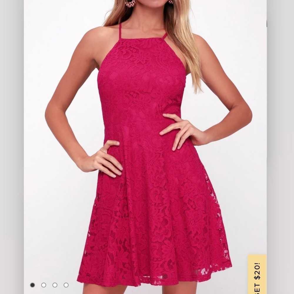 Lulus Raise A Glass Fuchsia Pink Lace Skater Dres… - image 2