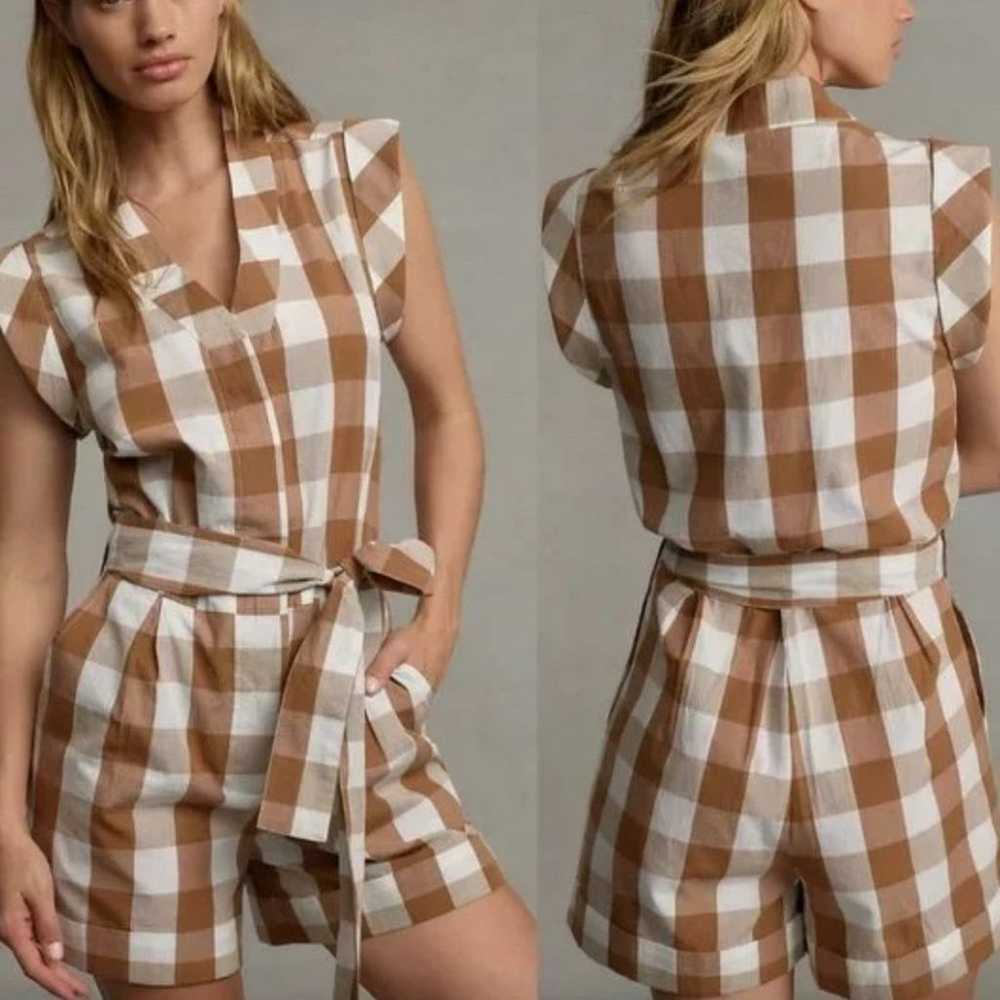 Anthropologie Whit Two Brown Gingham Cotton Romper - image 1