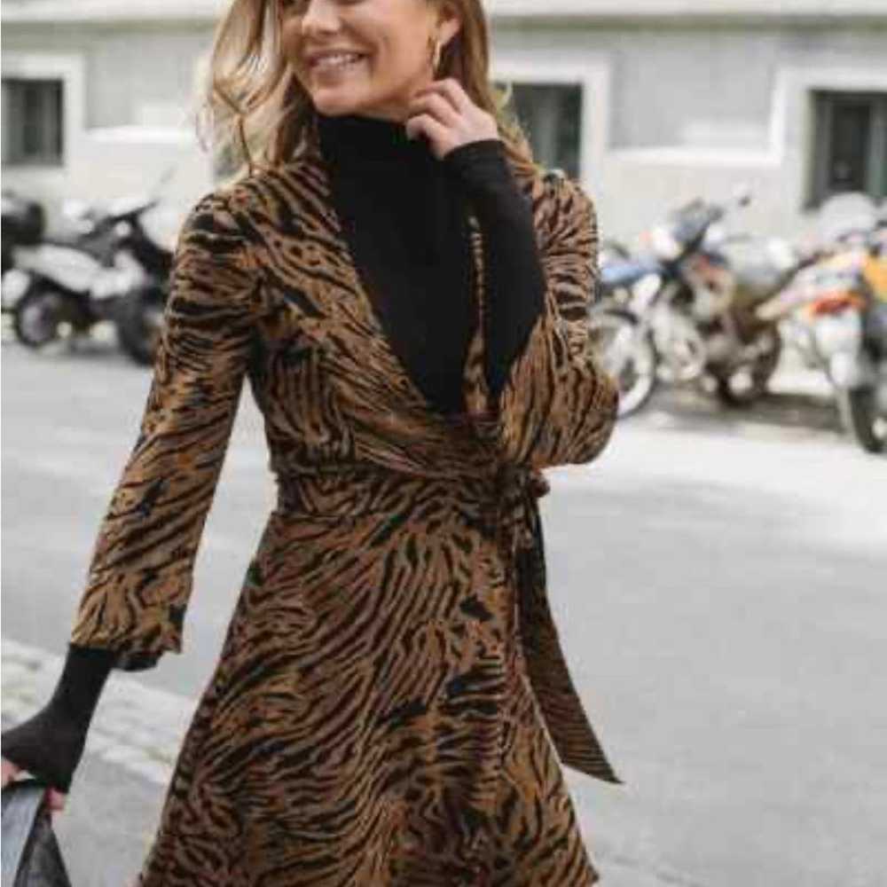 GANNI Grorgette Tiger Print Wrap Mini Dress Brown… - image 10