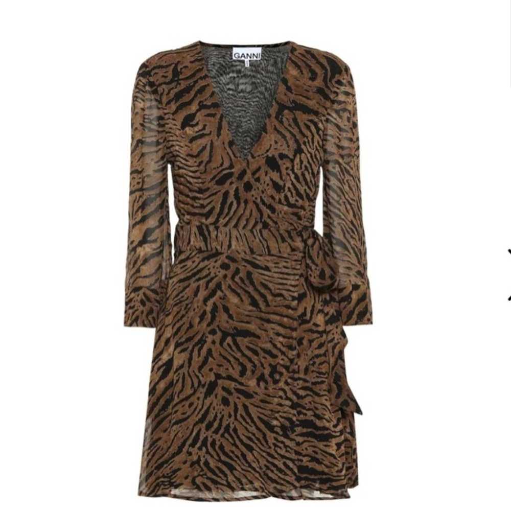 GANNI Grorgette Tiger Print Wrap Mini Dress Brown… - image 3