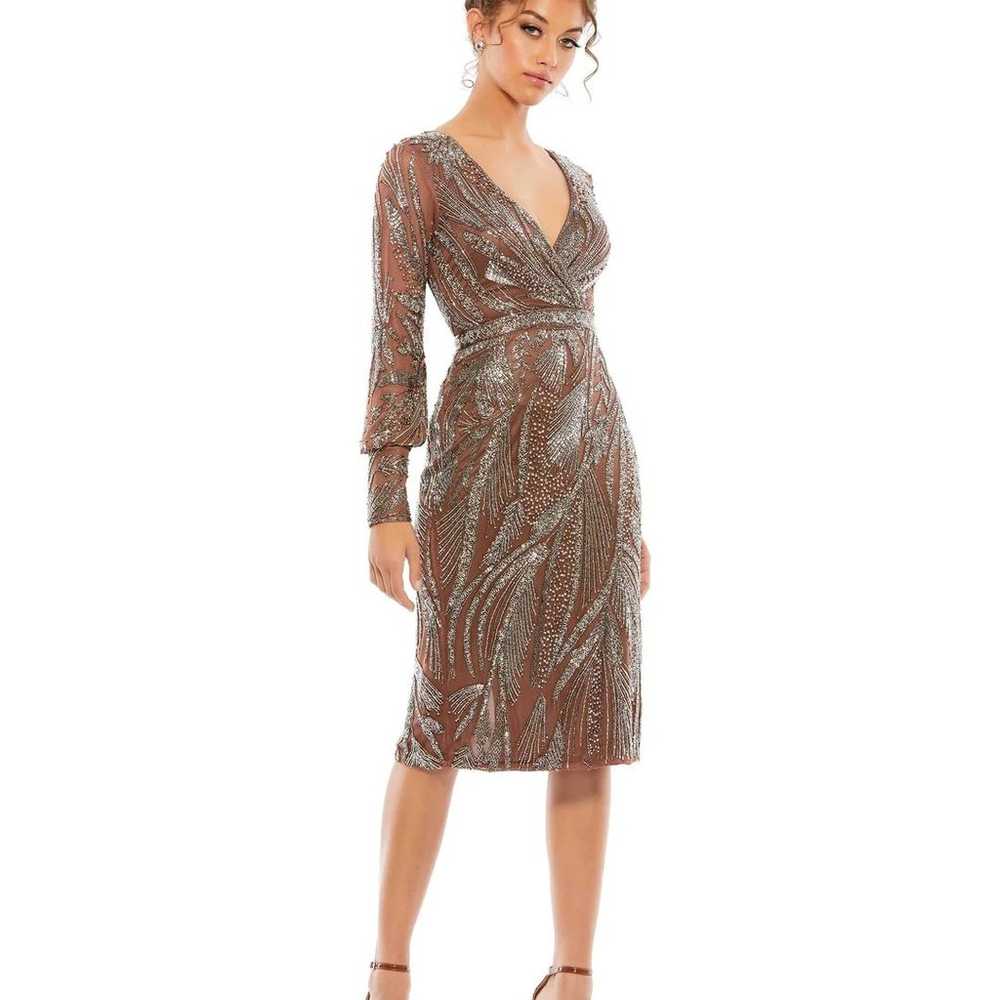 Mac Duggal Beaded Long Sleeve Wrap Over Midi Dress - image 1