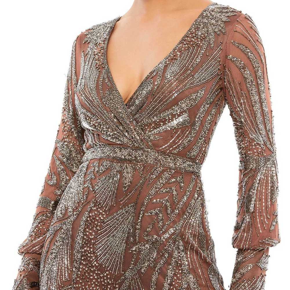 Mac Duggal Beaded Long Sleeve Wrap Over Midi Dress - image 2