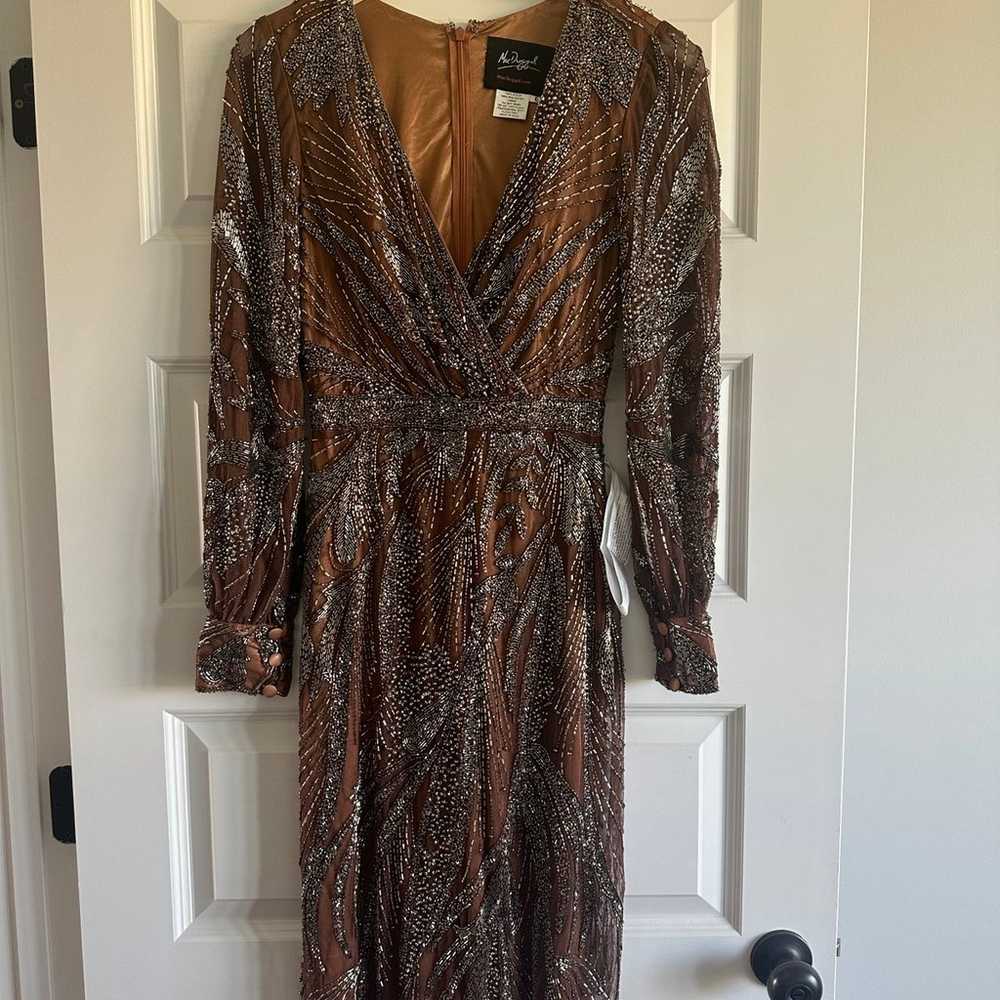 Mac Duggal Beaded Long Sleeve Wrap Over Midi Dress - image 4