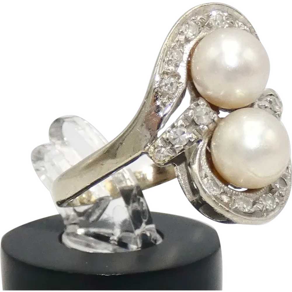 14K White Gold Cultured Pearls & Diamond Ring - image 1