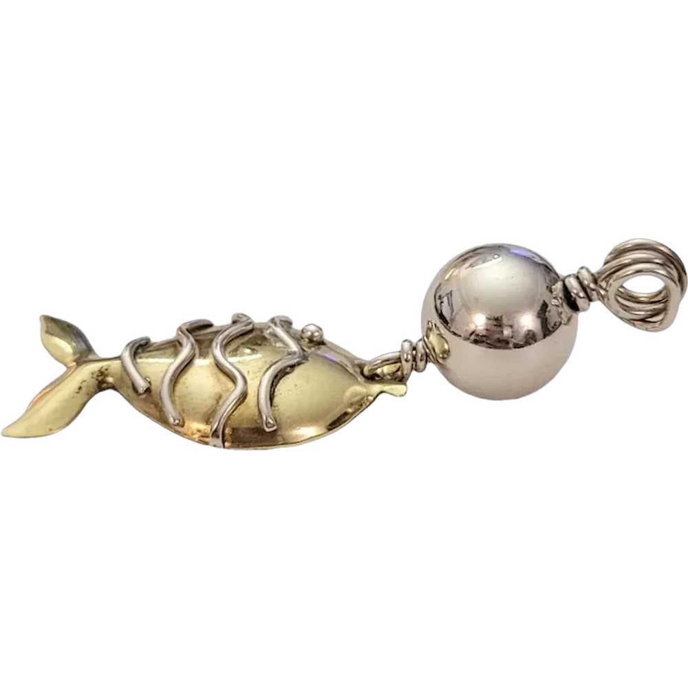 Sterling Silver And Brass Brutalist Fish Charm Da… - image 1