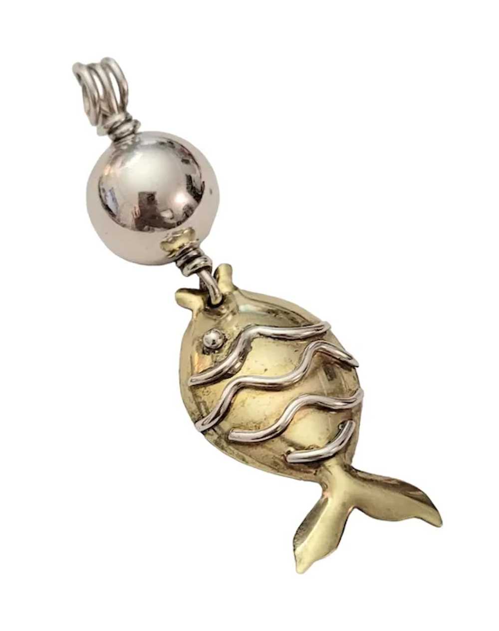 Sterling Silver And Brass Brutalist Fish Charm Da… - image 2