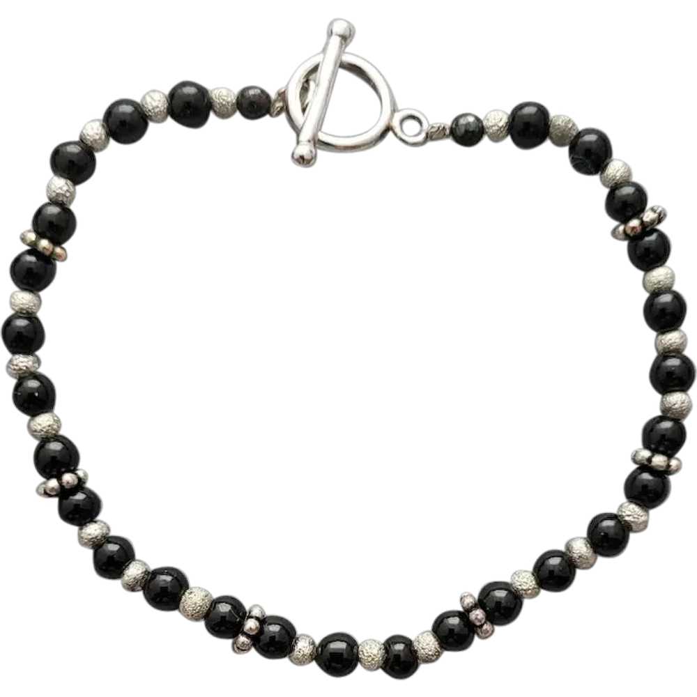 Sterling and Onyx Bead Bracelet Unique Beads 7-1/… - image 1