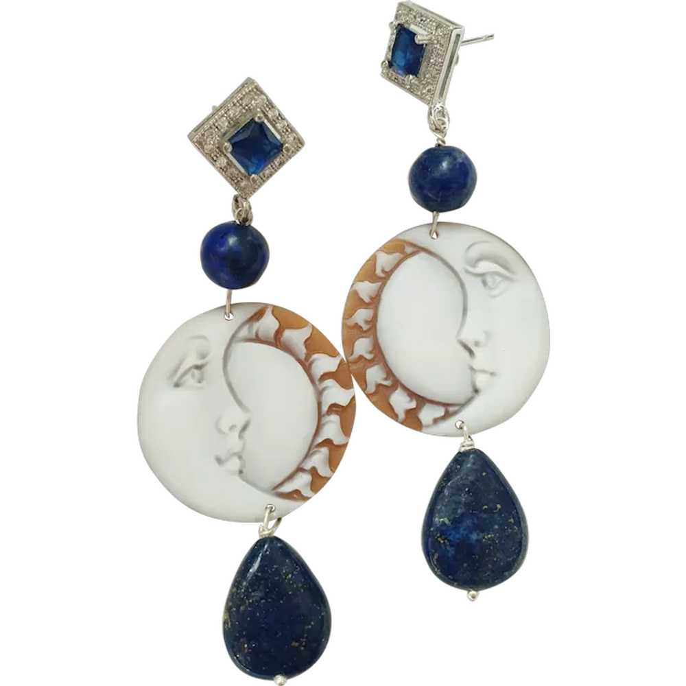 Silver earrings with sun and moon cameos, lapis l… - image 1