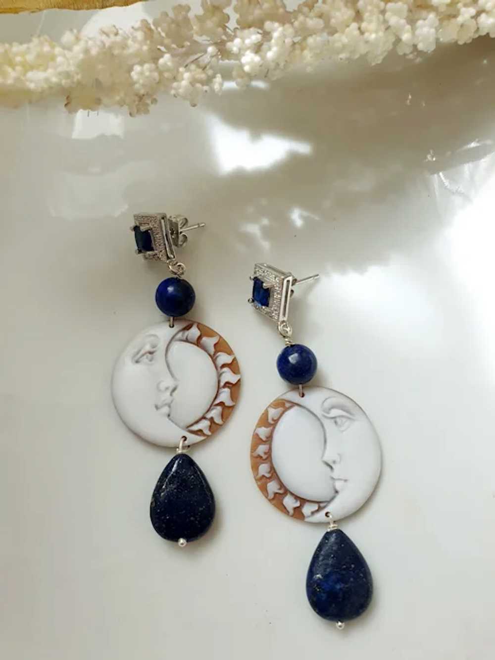 Silver earrings with sun and moon cameos, lapis l… - image 2