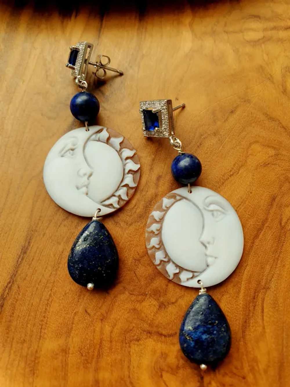 Silver earrings with sun and moon cameos, lapis l… - image 3
