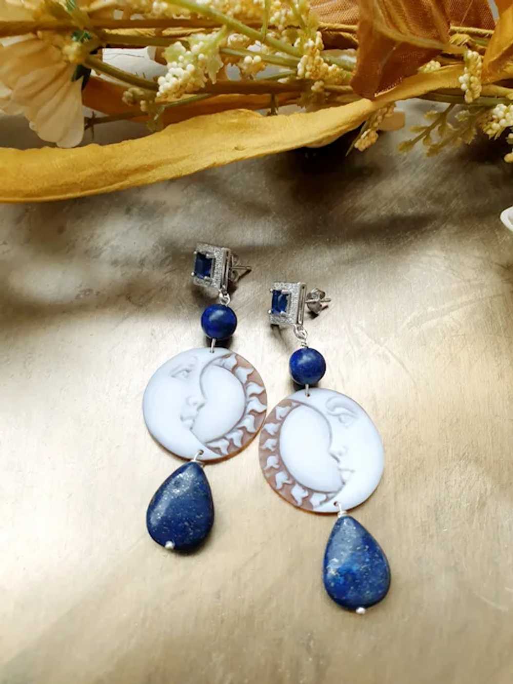 Silver earrings with sun and moon cameos, lapis l… - image 4