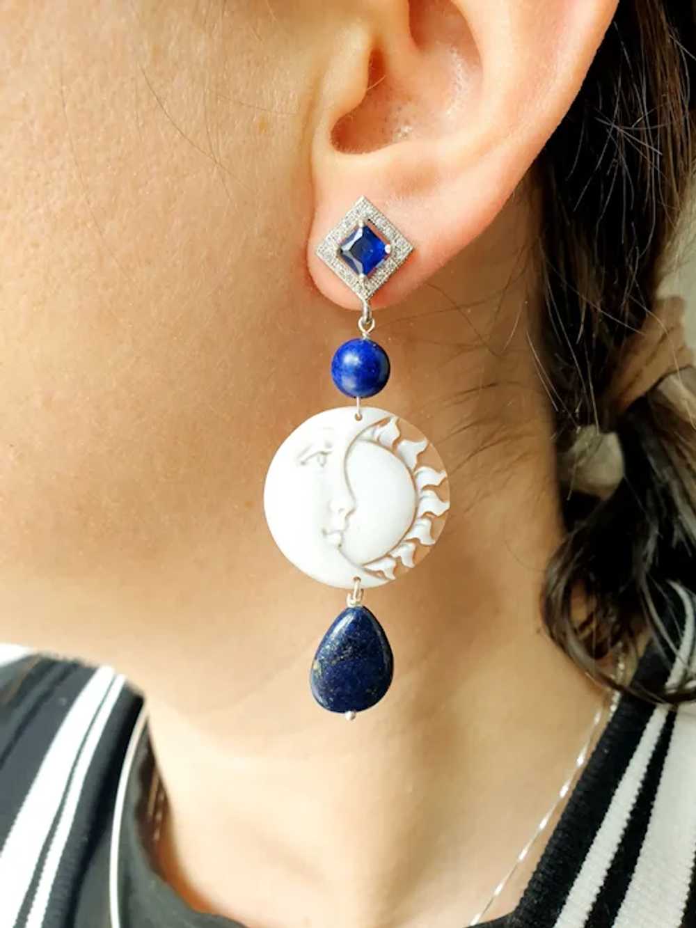 Silver earrings with sun and moon cameos, lapis l… - image 5