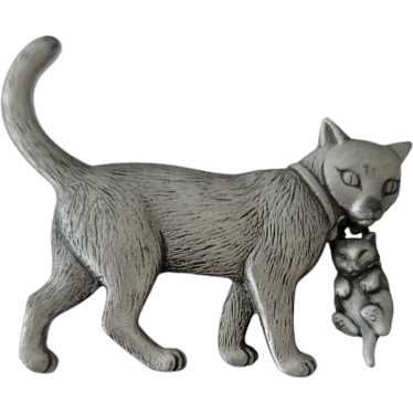 JJ Jonette Silver Tone Cat Carrying Kitten Brooch… - image 1