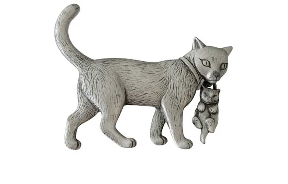 JJ Jonette Silver Tone Cat Carrying Kitten Brooch… - image 2