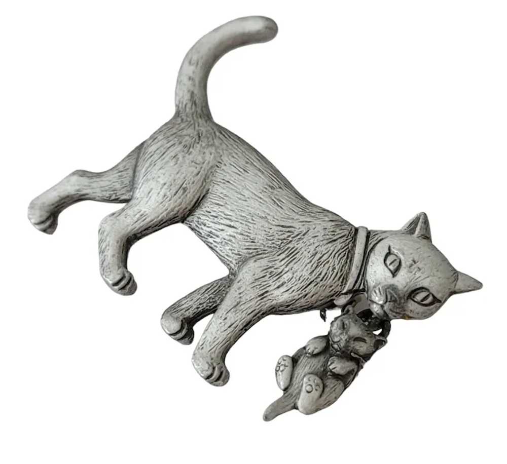 JJ Jonette Silver Tone Cat Carrying Kitten Brooch… - image 3