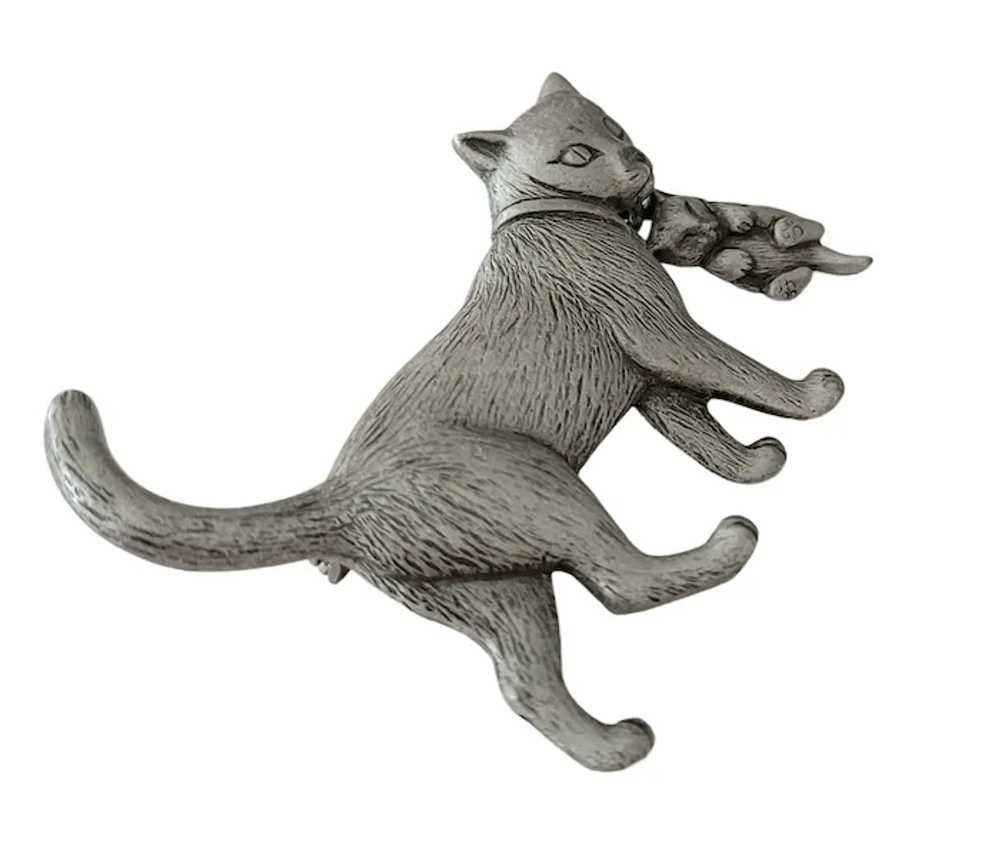 JJ Jonette Silver Tone Cat Carrying Kitten Brooch… - image 4