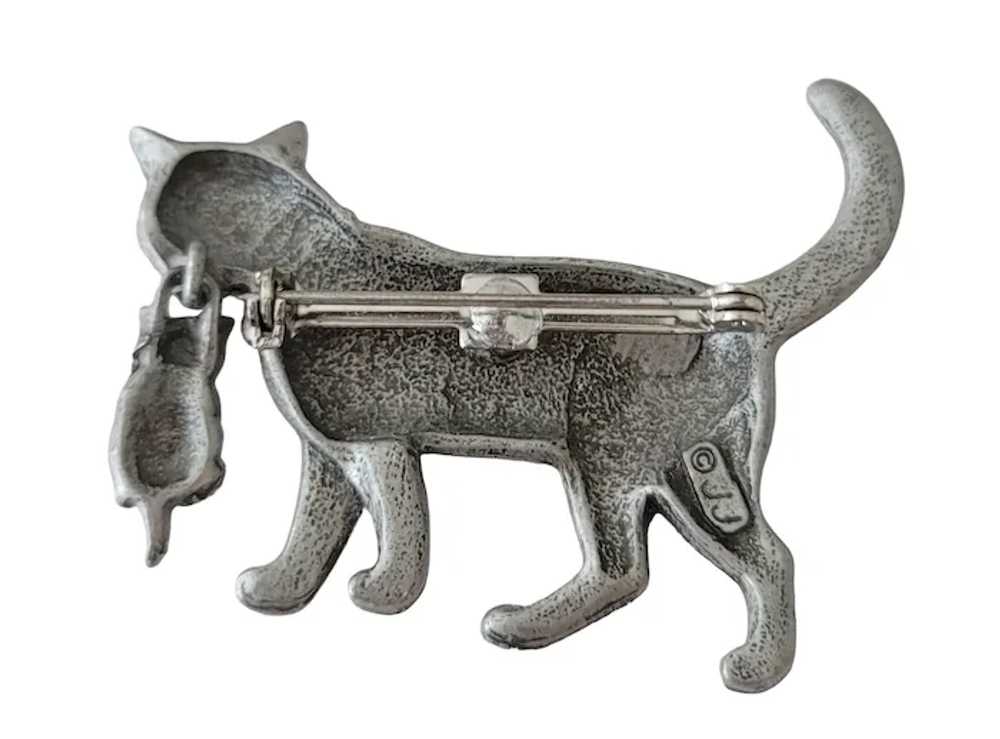 JJ Jonette Silver Tone Cat Carrying Kitten Brooch… - image 5