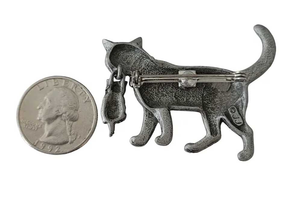 JJ Jonette Silver Tone Cat Carrying Kitten Brooch… - image 6