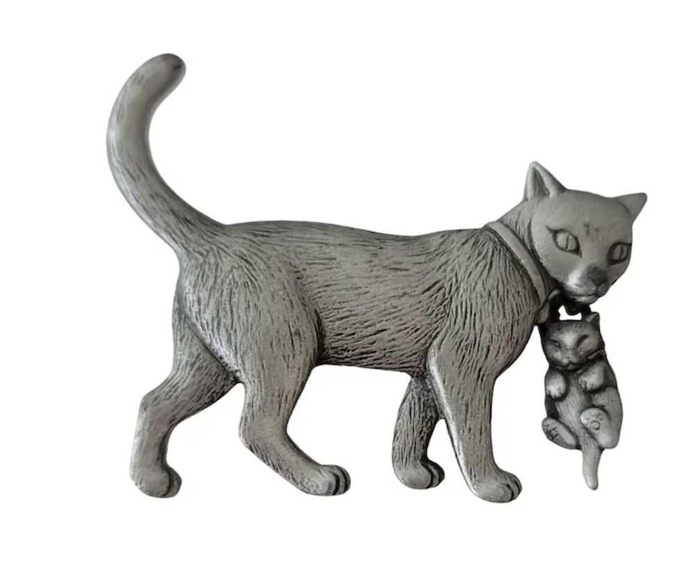 JJ Jonette Silver Tone Cat Carrying Kitten Brooch… - image 9