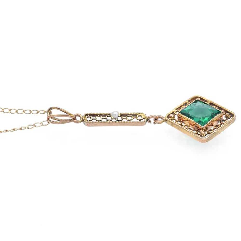 Vintage 14K Yellow Gold Lab Emerald & Pearl Penda… - image 3