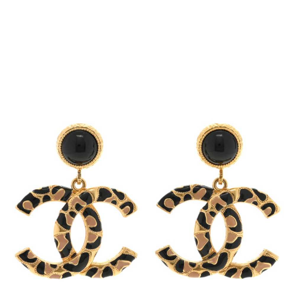 CHANEL Metal Leopard Print CC Earrings Gold Black… - image 1