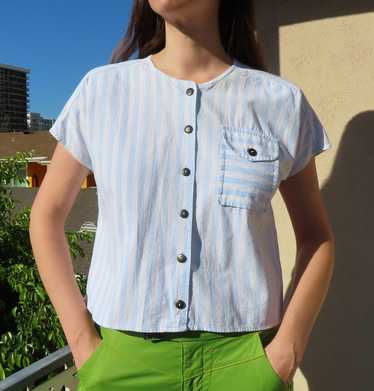 French Navy 80s Blue & White Striped Pocket Top (L