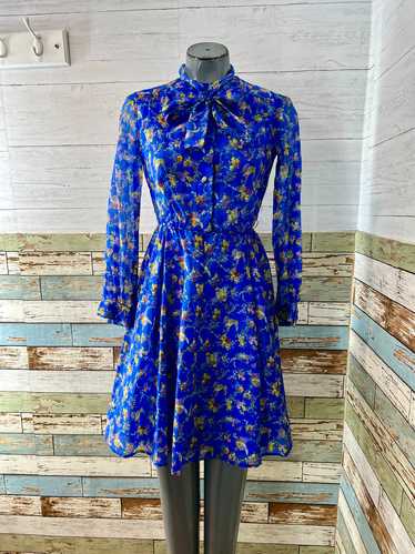 70’s Blue Multicolor Print Sheer Dress With Bow C… - image 1