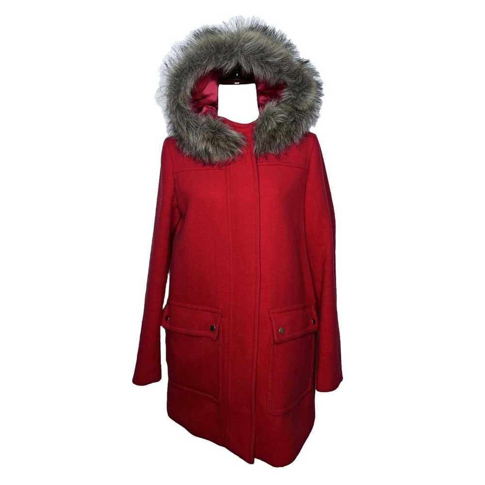 J. Crew Red Wool Coat Women’s Size 8 Faux Fur Hoo… - image 1