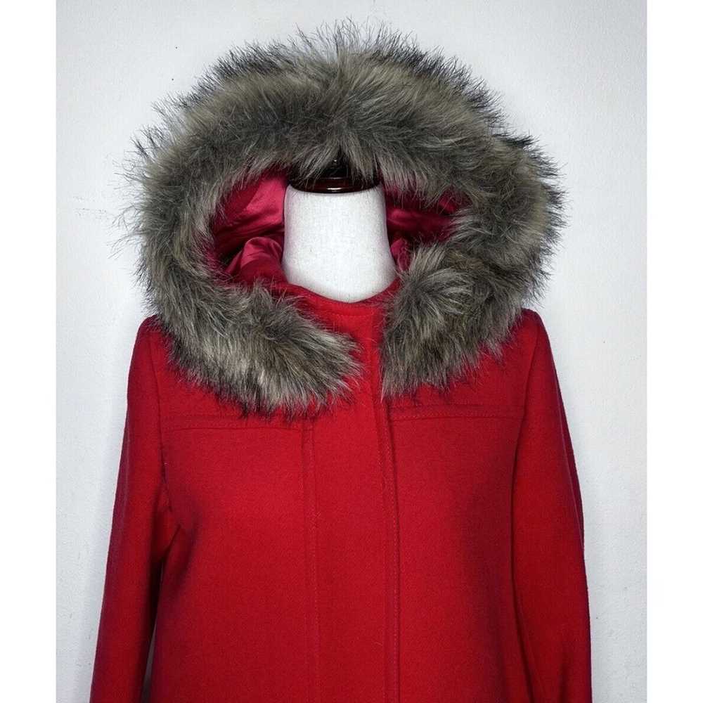J. Crew Red Wool Coat Women’s Size 8 Faux Fur Hoo… - image 2