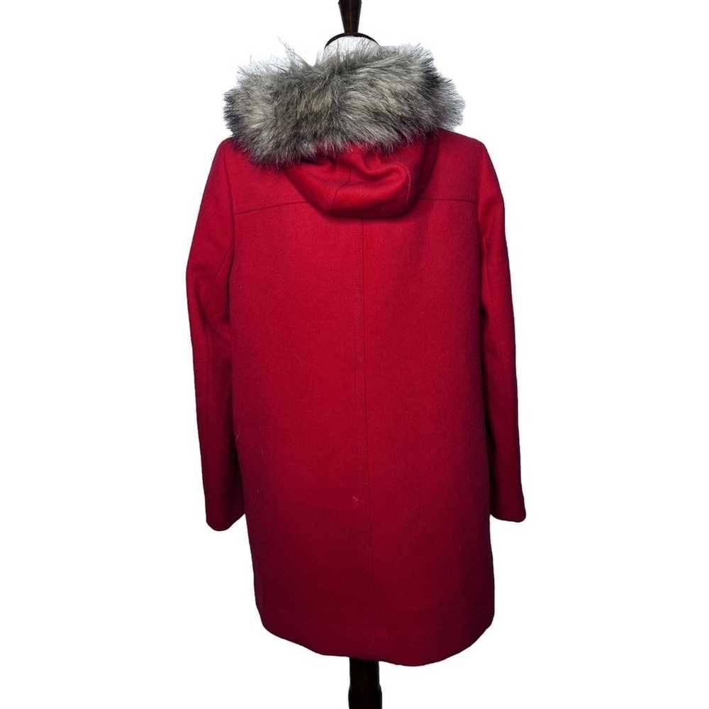 J. Crew Red Wool Coat Women’s Size 8 Faux Fur Hoo… - image 3