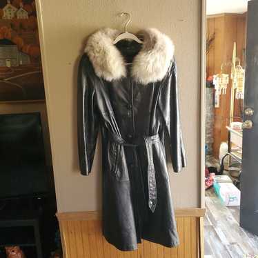 Vtg Perer Caruso Black Leather Long Coat Fur Coll… - image 1