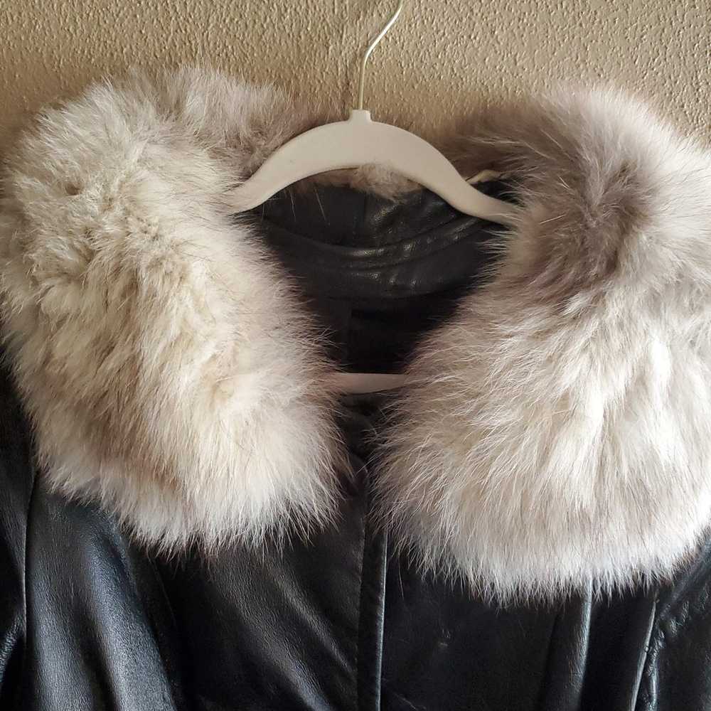 Vtg Perer Caruso Black Leather Long Coat Fur Coll… - image 2