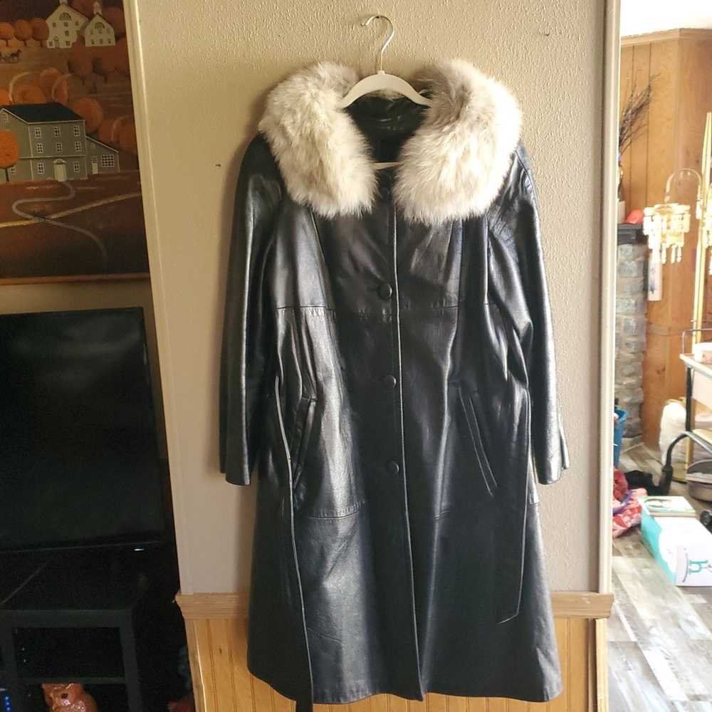 Vtg Perer Caruso Black Leather Long Coat Fur Coll… - image 4