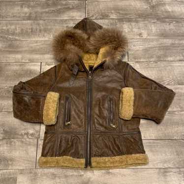 Ana Sherpa Distressed Brown Leather Bomber Women'… - image 1