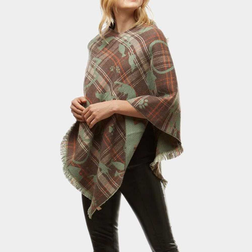 Taupe and Green Cats Kitten Winter Plaid Poncho F… - image 1